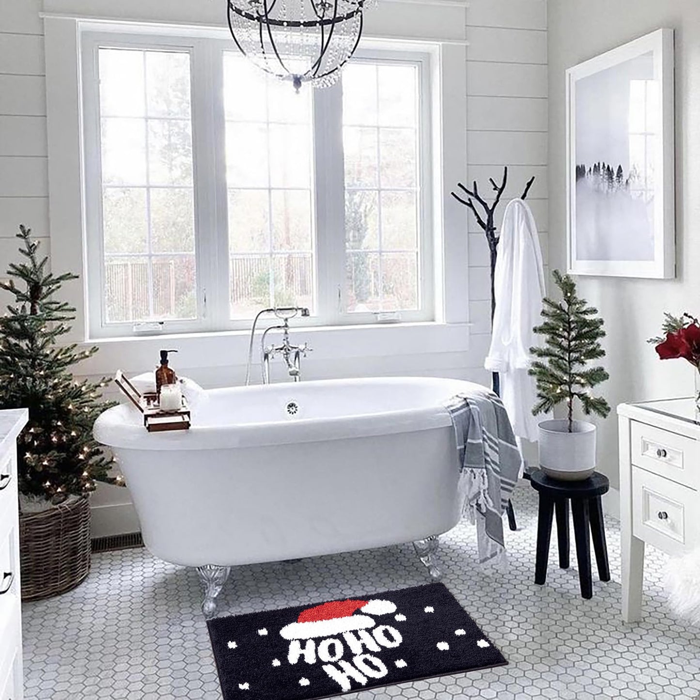 Ho Ho Ho Christmas Holiday Bath mat Washable Non Slip, 20’’W x 32’’L Santa Claus Festive Christmas Hat Bathroom Rugs Decor, Absorbent Shaggy Microfiber Xmas Winter Snow Bath Rug Shower Floor Mat