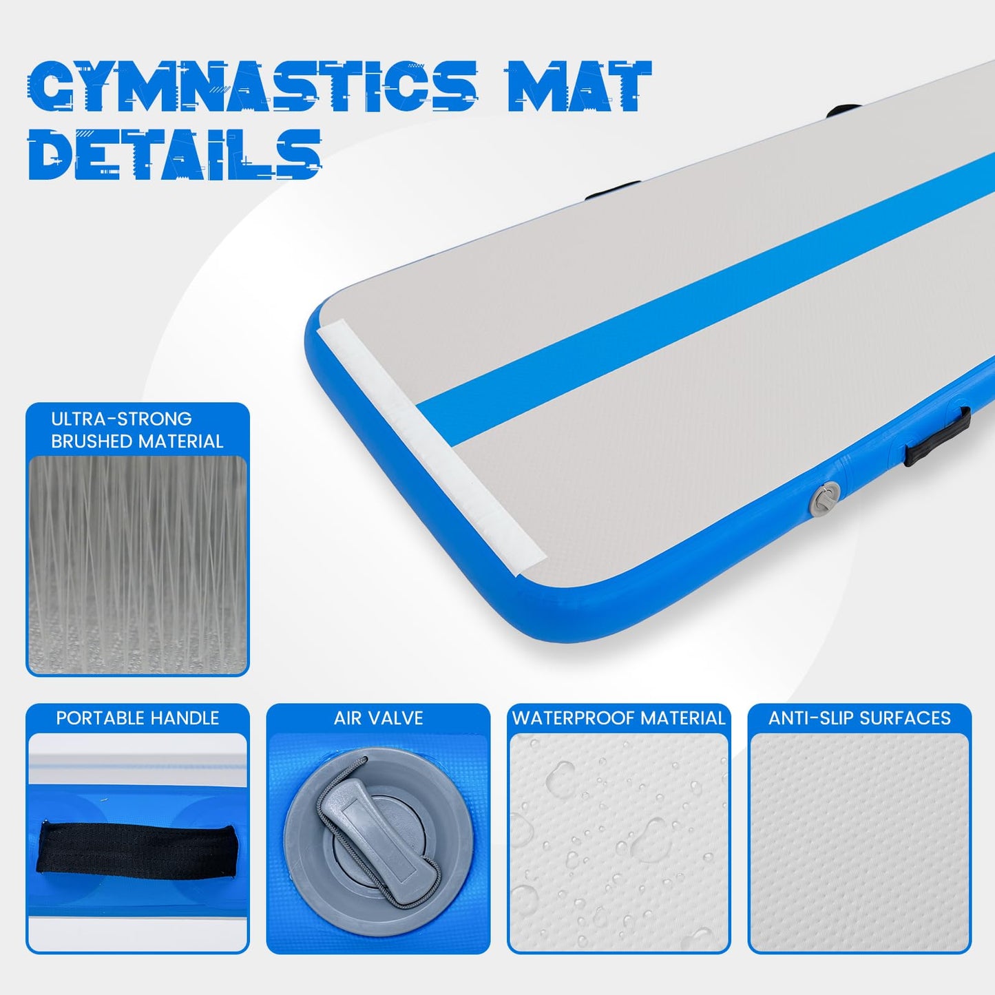 Tuxedo Sailor 10ft/13ft Inflatable Gymnastics Mat, 4-Inch Thick Air Tumbling Track with High-Speed Electric Pump, Storage Bag & Repair Kit for Home Gym, Cheerleading, Yoga, Kids Training (Blue & Pink) GLD-601, GLD-603, GLD-605, GLD-316, and GLD-318