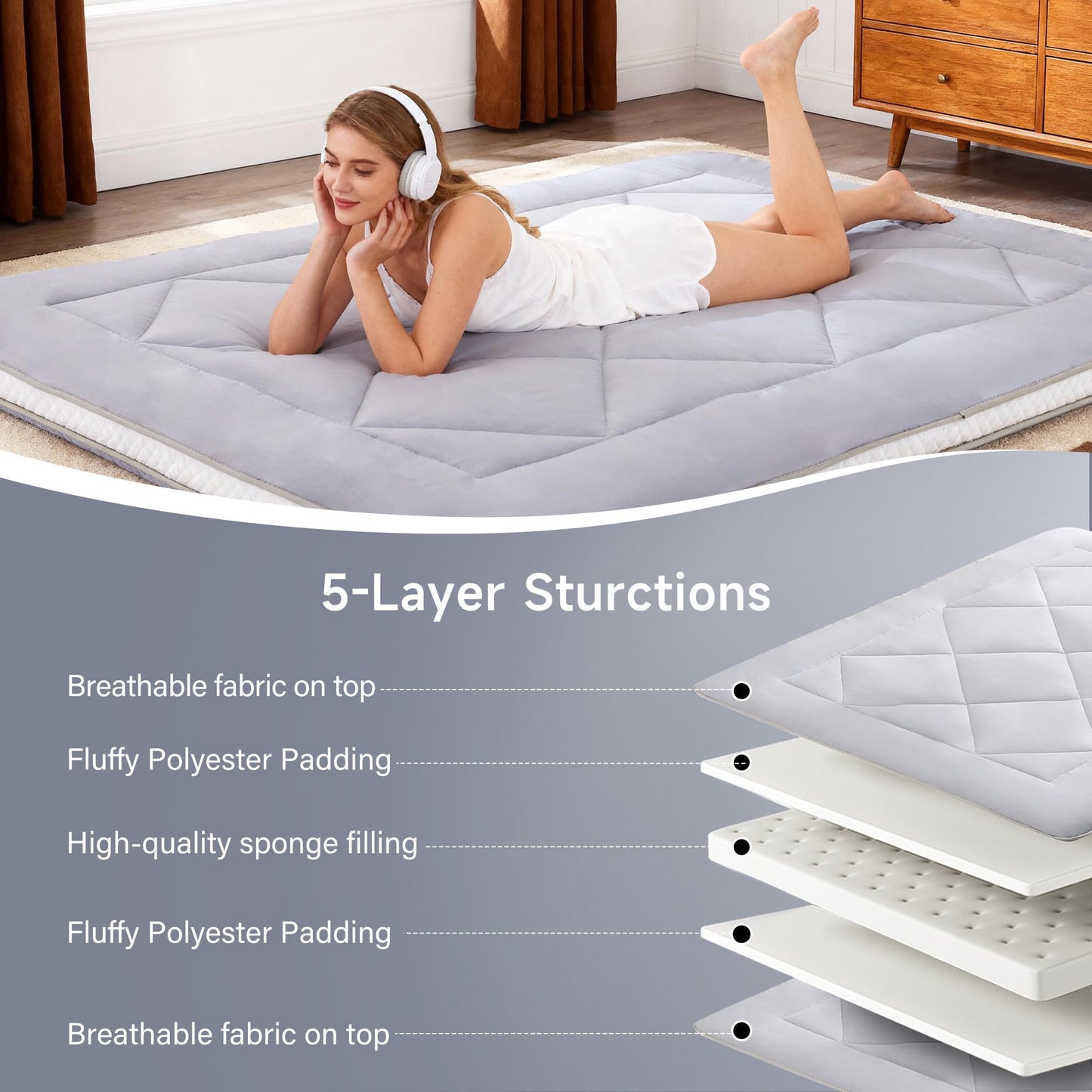 Welnow Japanese Futon Floor Mattress, Thick Queen Size Tatami Mat Portable & Foldable Roll Up Floor Bed Mattress with Storage Bag, Sleeping Pad for Adults, Dorm, Guest Bed, Camping and Travel, Grey