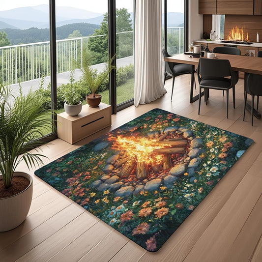 Campfire Decorative Rug 5x6'6'',Happy Camping Indoor Floor Mat for Playroom Bedside Sofa Bedroom,Tree Stump Woodland Campsite Non Shedding Carpet for Outdoor Adventure RV Car