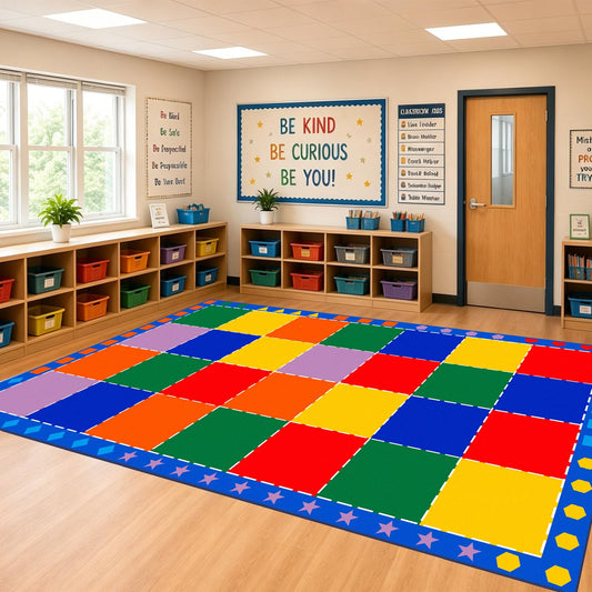 MAISONRINA Large Classroom Rugs Elementary 7'7''x13',Daycare Rugs with Colorful Blocks,Classroom Rug with Seating Spots for Preschool Kindergarten,Kids Rug for Playroom & Kids Room - Seats 28