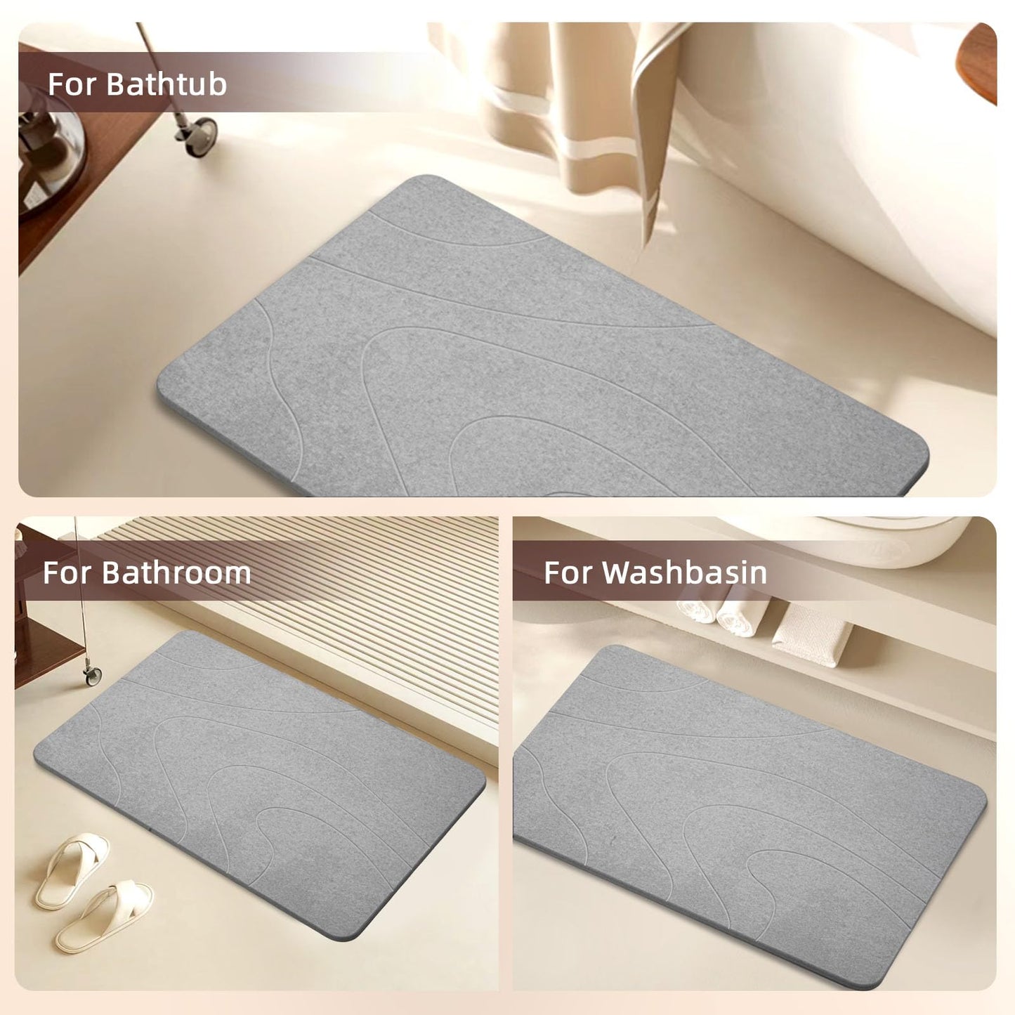 MORANDI Diatomaceous Earth Shower Mat - Super Absorbent, Quick Drying, Non-Slip Natural Hard Stone Bath Mat for Bathroom, Easy to Clean (Light Gray)