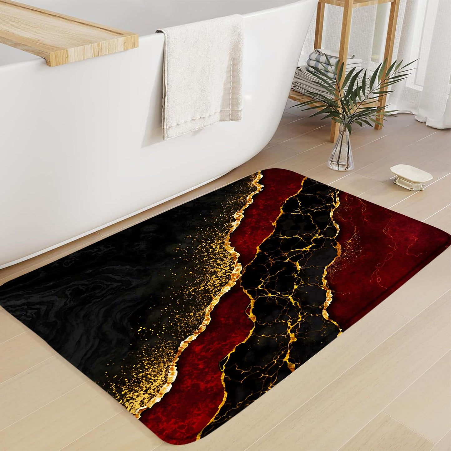 ZKJSMGS Red Marble Bath Mat Abstract Burgundy Maroon Marble Gold Veins Texture Crack Ink Luxury Geometric Creative Bath Rugs for Bathroom Kitchen,17.8x29.5 Inch