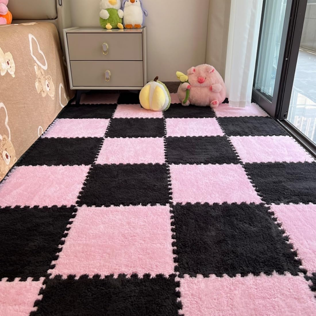 12Pcs Interlocking Carpet Tiles,12"x 12" Plush Interlocking Foam Carpet Tiles with Border,Fluffy Play Mat Floor Tiles Thick Padded Squares Foam Tiles for Playroom Decor (Pink+Black)