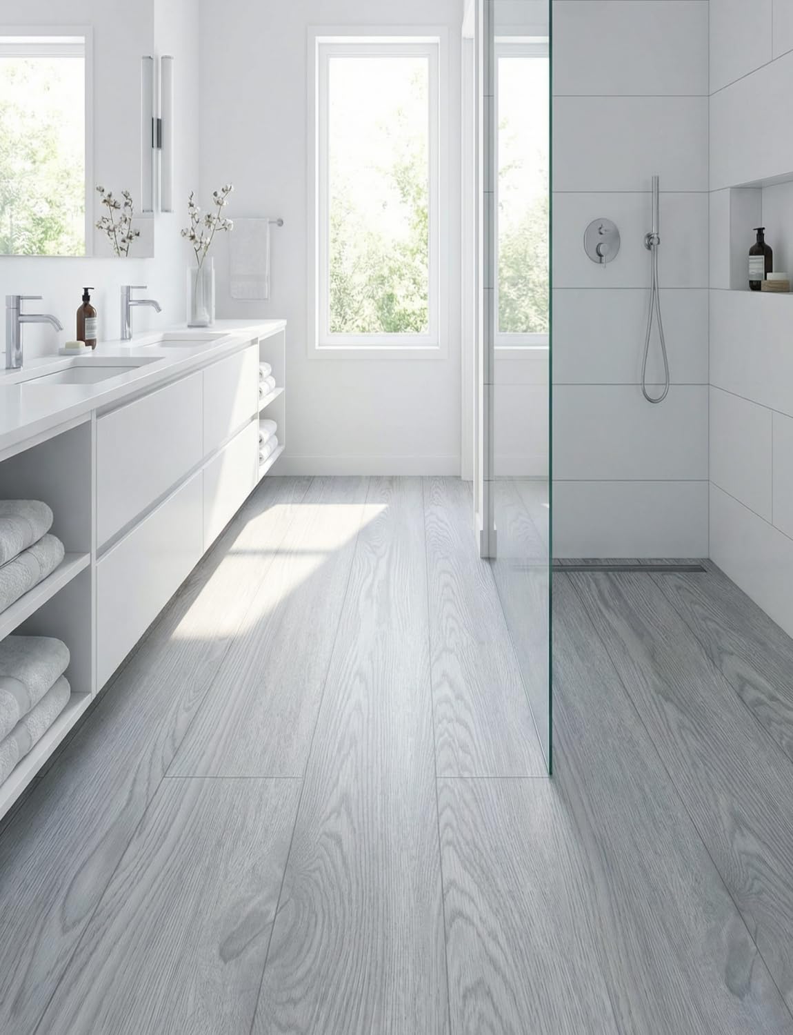 2 Rolls 15.7''x10FT Peel and Stick Vinyl Flooring Roll FOGZUVR: 25.73 Sq.ft Self-Adhesive Wood Grain Peel and Stick Floor Tiles Waterproof for Living Room, Bedroom, Bathroom & Kitchen(Paleish Grey‌)