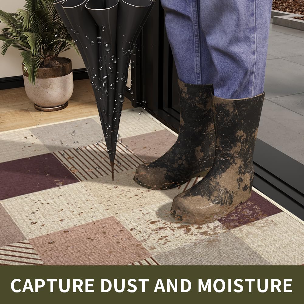QQL 17"x30" Ultra Thin Front Door Mat, Non-Slip Rubber Backing, Dirt Trapper Doormat, Easy Clean Entryway Rug, Square Grid, RV Tent Entrance Mat