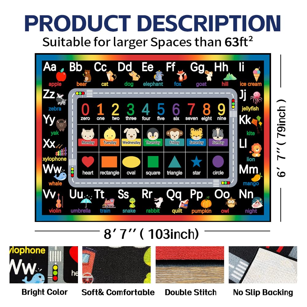 AlaTyche Classroom Rugs for Preschool, Daycare Rug for Classroom,Large Classroom Rug Elementary,Learning Alphabet Educational Rugs for Kids Playroom, Nursery(6'7''x8'7'', Black)