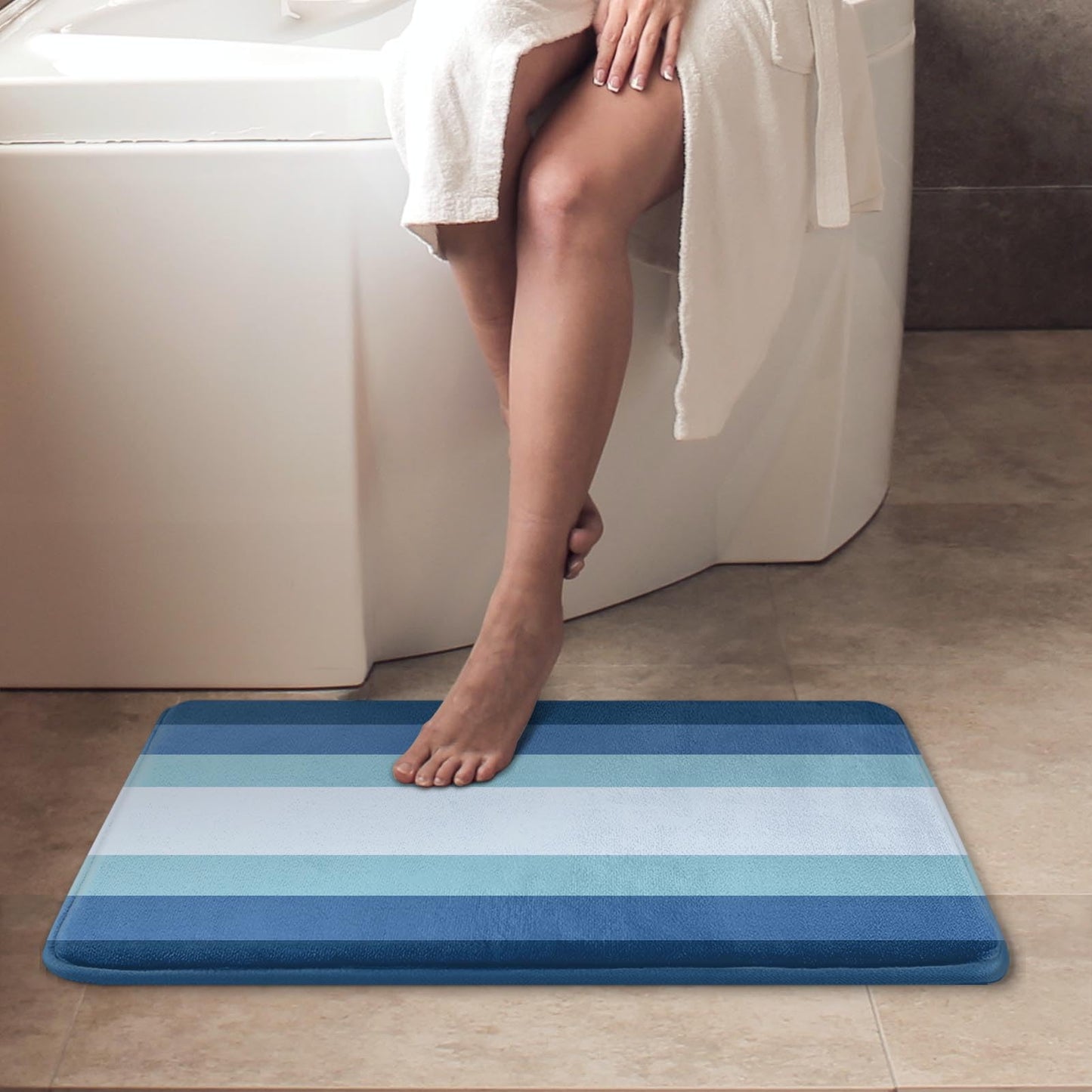 ArtSocket Navy Blue Ombre Bathroom Set with Shower Curtain and Bath Rugs and Accessories,Modern Striped Lines Non-Slip Shower Curtain Set,Bathroom Decor 3 Pcs
