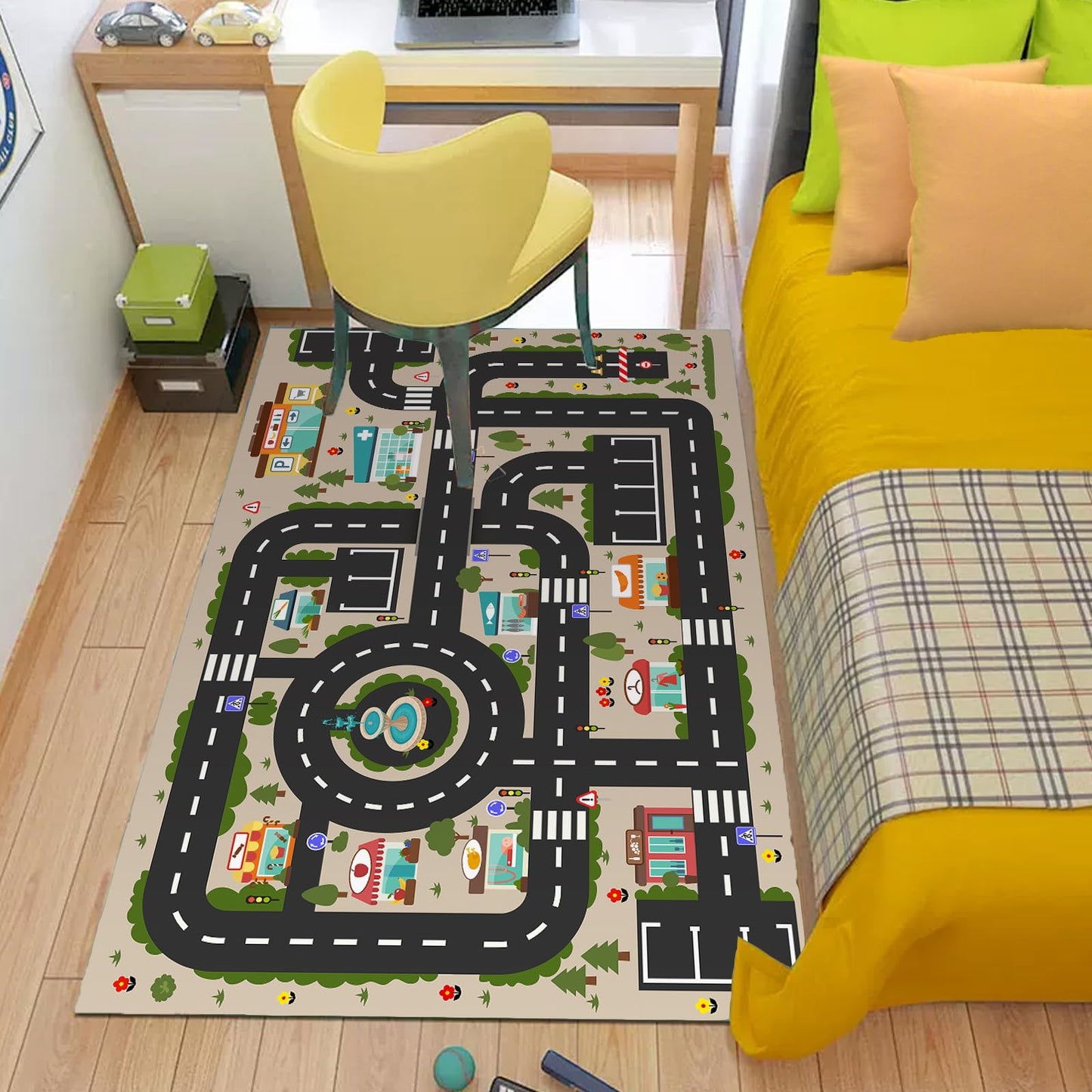 Analog ABC Kids Rug Playroom Car Play Mat City Life Road Rug for Cars Fun City Map for Carpet for Bedroom Boys (63 * 94 inches, Evening City)