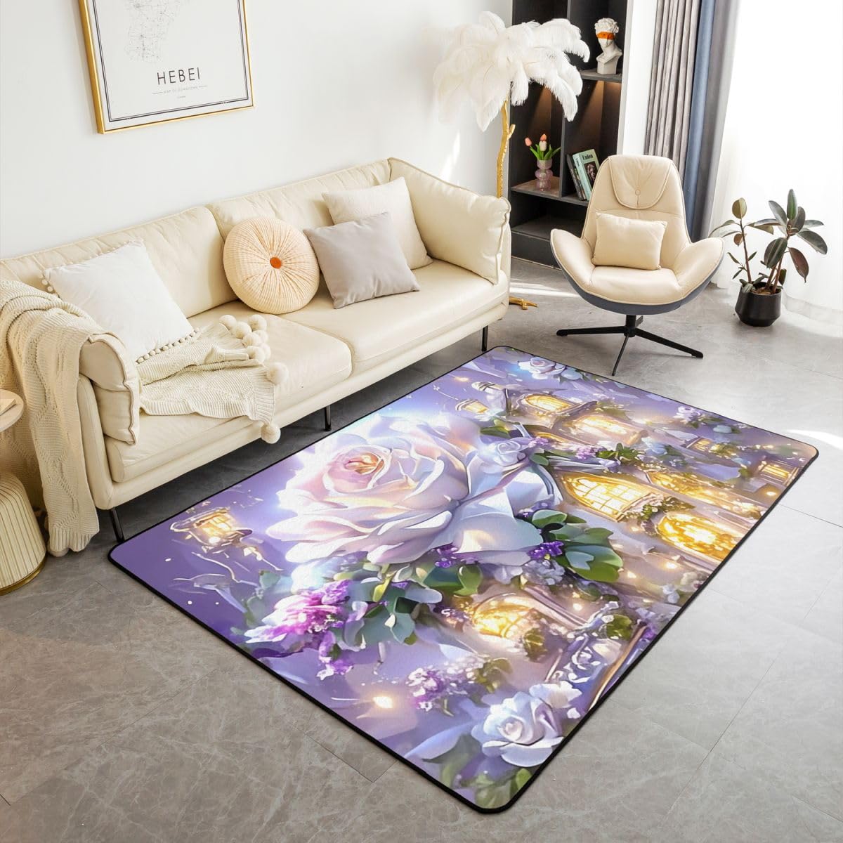 Rose Flower Area Rug 3'x5',Green House Non Slip Carpet for Kids Boys Girls Adults,Castle Princess Floor Mats,Purple White Rug for Living Room Bedroom Playroom Backyard