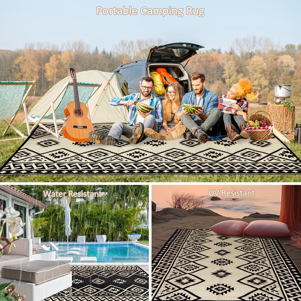 LILIOFFIC Outdoor Rug - Outdoor Rugs 9x12 for Patios Clearance, Large Outdoor Area Rug Carpet for Outside, RV, Deck, Picnic, Beach, Camping, with 4 Stakes, Black & Beige