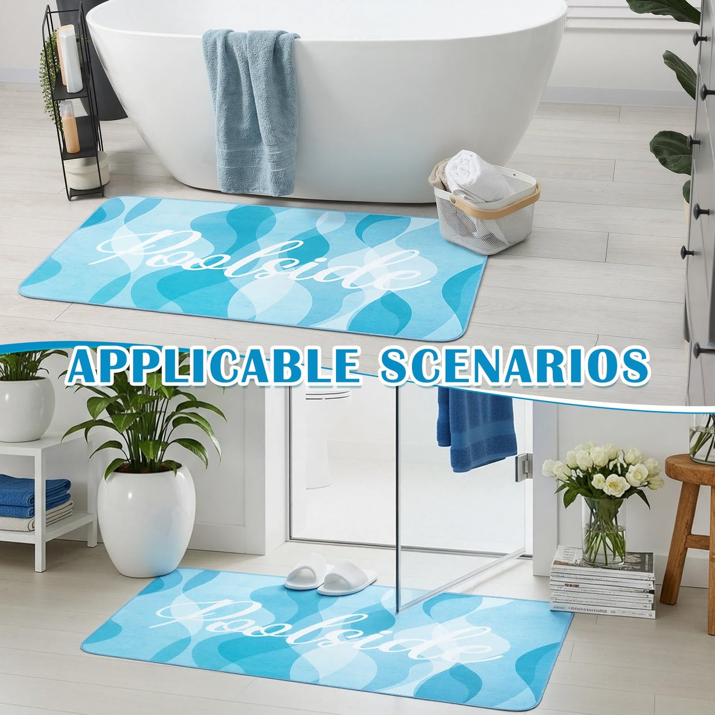 Jenaai 24" X 48" Poolside Mat Outdoor Rug, Non Slip Waterproof Rubber Mat for Deck, Edge of Pool, Patio, Beach, Summer Outside Swimming Decorative (Waves)