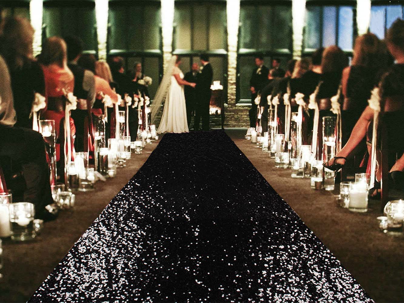 ShinyBeauty 4FT x 15FT Black Aisle Runner Tape | Shimmer Fabric Wedding Floor Runners with Glitter Carpet for Elegant Events