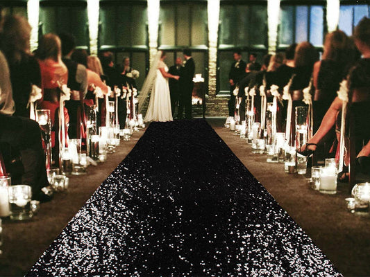 ShinyBeauty 4FT x 15FT Black Aisle Runner Tape | Shimmer Fabric Wedding Floor Runners with Glitter Carpet for Elegant Events