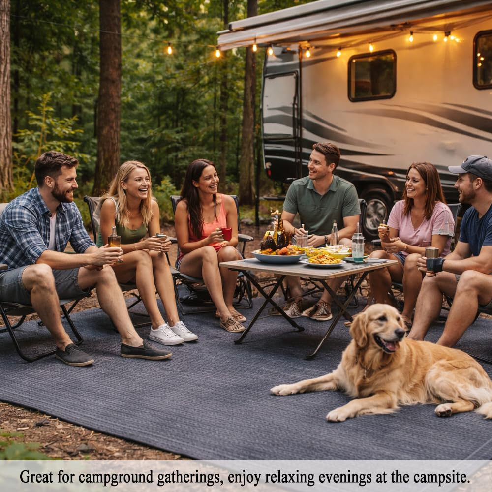 JUNKOGO RV Outdoor Mat 10x20 FT, Reversible RV Patio Rug, Blue-Gray, 240GSM Breathable Camping Mat for Camper, Motorhome, Trailer, Picnic, Beach, Backyard