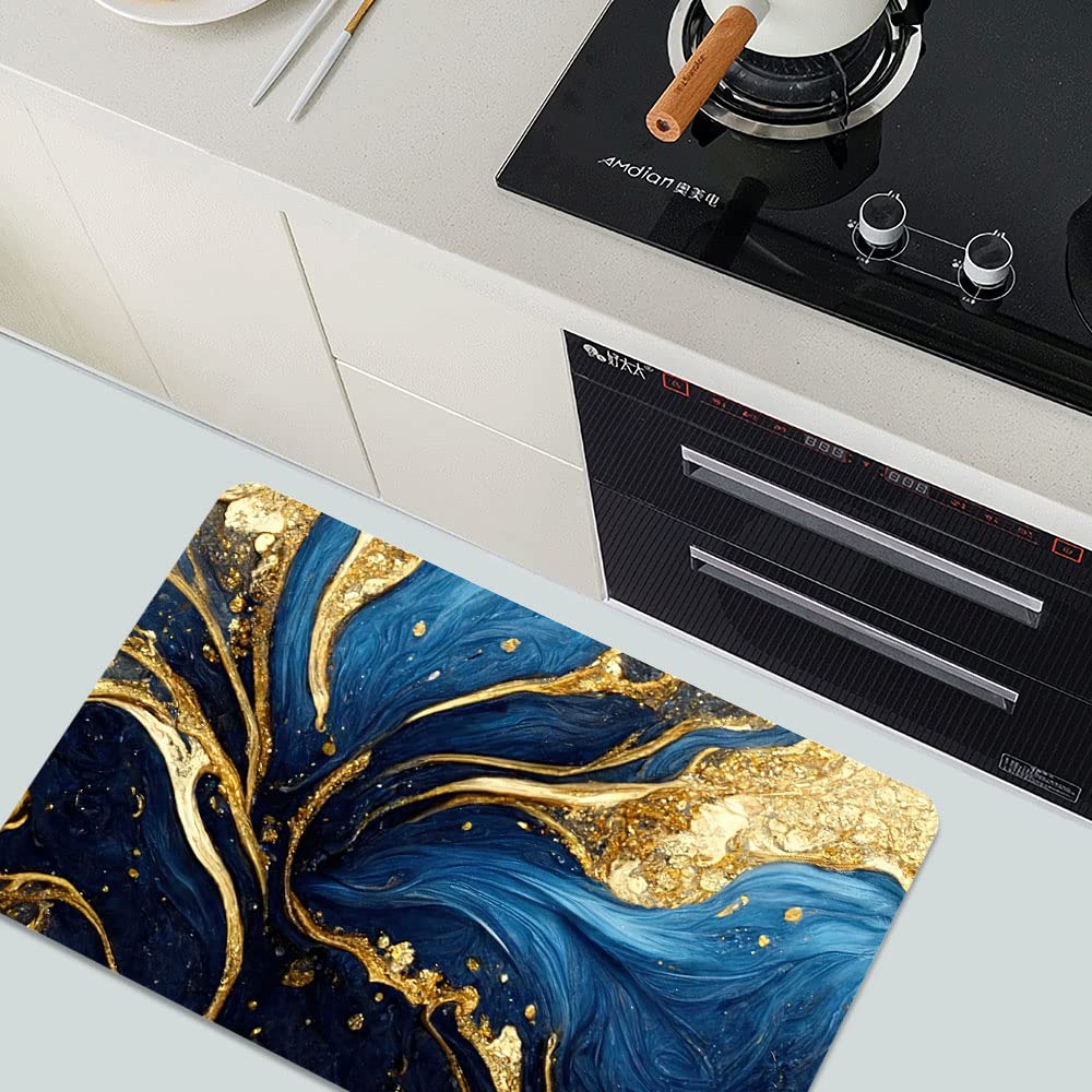 ZHUZHISHAN Diatomaceous Earth Bath Mat,Blue and Gold Marble Texture Non-Slip Volume Super Absorbent Fast Drying for Bathroom Kitchen Door mat,Eco-Friendly Easy to Clean 16×24Inch (40 * 60cm)