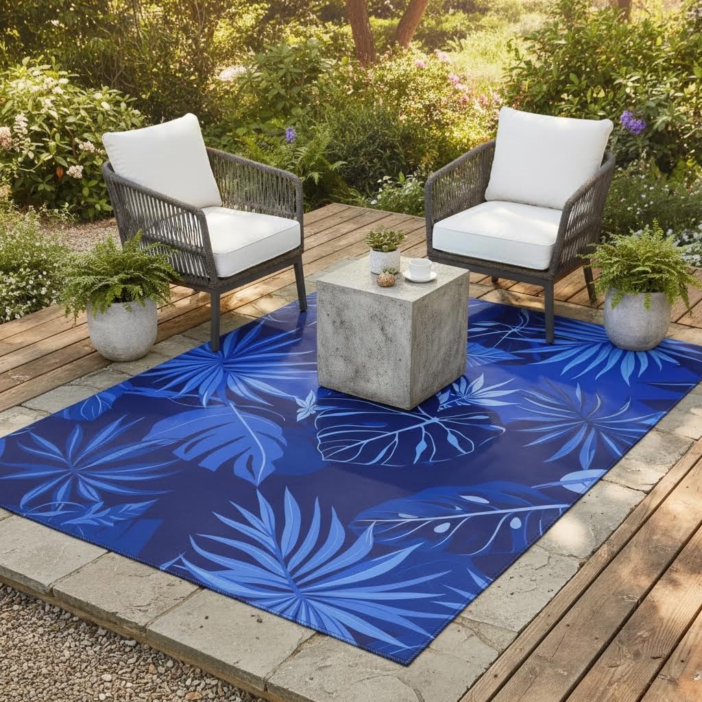 Mamatong Waterproof 2x3 Machine Washable Tropical Outdoor Area Rug for Patio Porch Balcony Deck Garden Non-Slip Stain Resistant Royal Blue Boho Poolside Backyard Camping RV Picnic Thin Outside Rugs