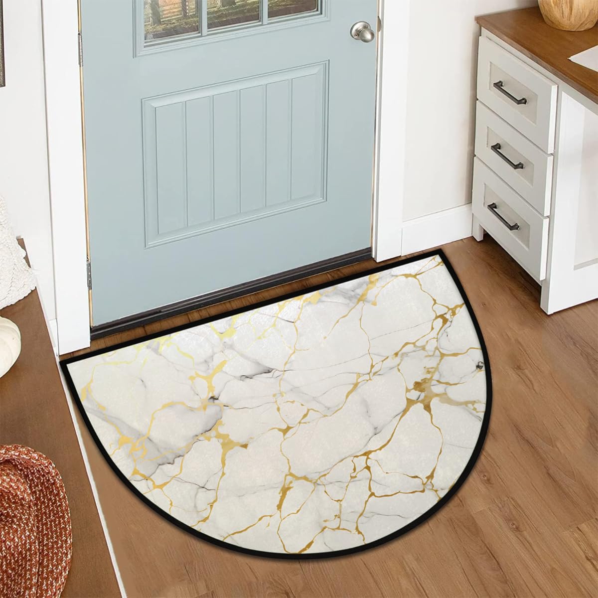 Half Round Rugs Gold Line Marble Texture Semicircular Indoor Door Mat Entryway Welcome Mat Non-Slip Half Round Low Profile Door Mat for Patio High Traffic Areas