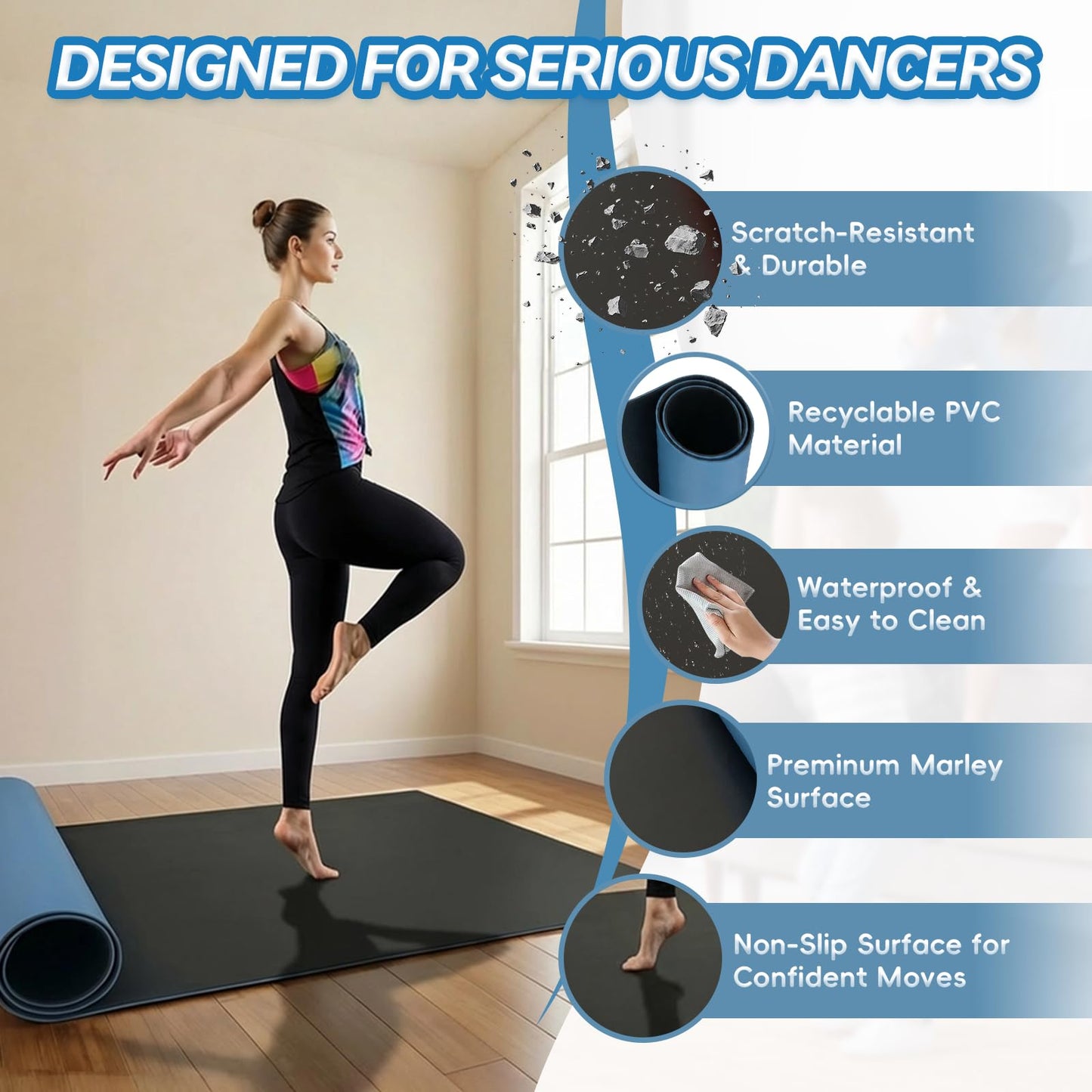 SERABETTO Marley Dance Floor 6.6’ x 3.9’ – Roll-Out Dance Floor Mat for Home Studio, Ballet Floor for Barre, Tap, Jazz – Anti-Slip PVC Dance Flooring for Practice