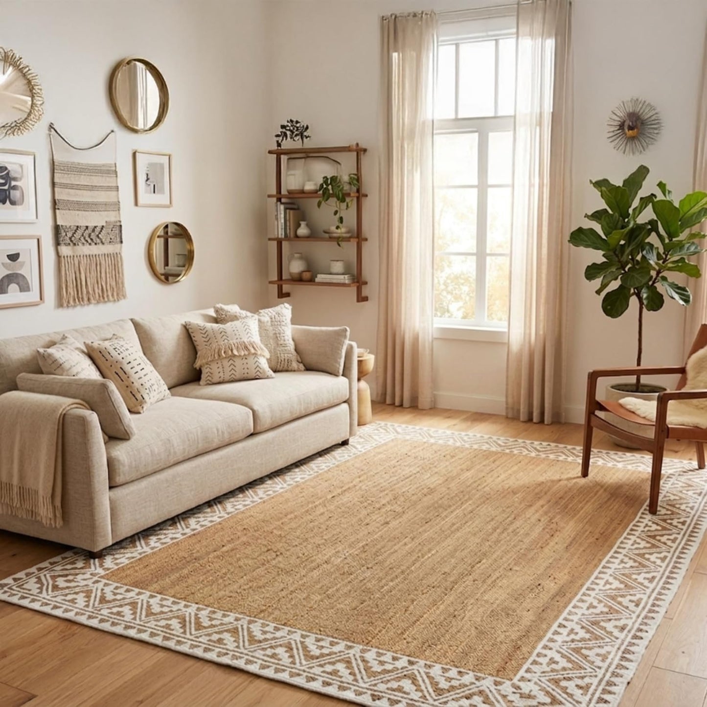 voyzz home 5X8 Feet-Rectangular, Premium Natural Jute Braided Area Rug, White Printed Border, Stain Resistance, Natural Brown, Handmade Rug for Entryways, Living Room, Dining Room, Bedroom, Farmhouse