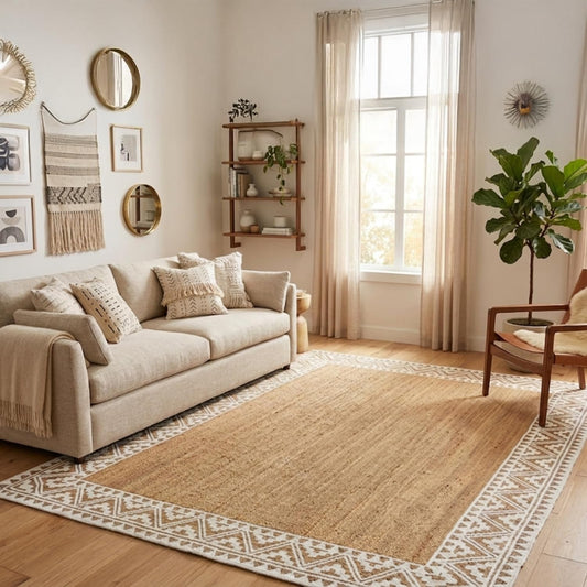 voyzz home 5X8 Feet-Rectangular, Premium Natural Jute Braided Area Rug, White Printed Border, Stain Resistance, Natural Brown, Handmade Rug for Entryways, Living Room, Dining Room, Bedroom, Farmhouse