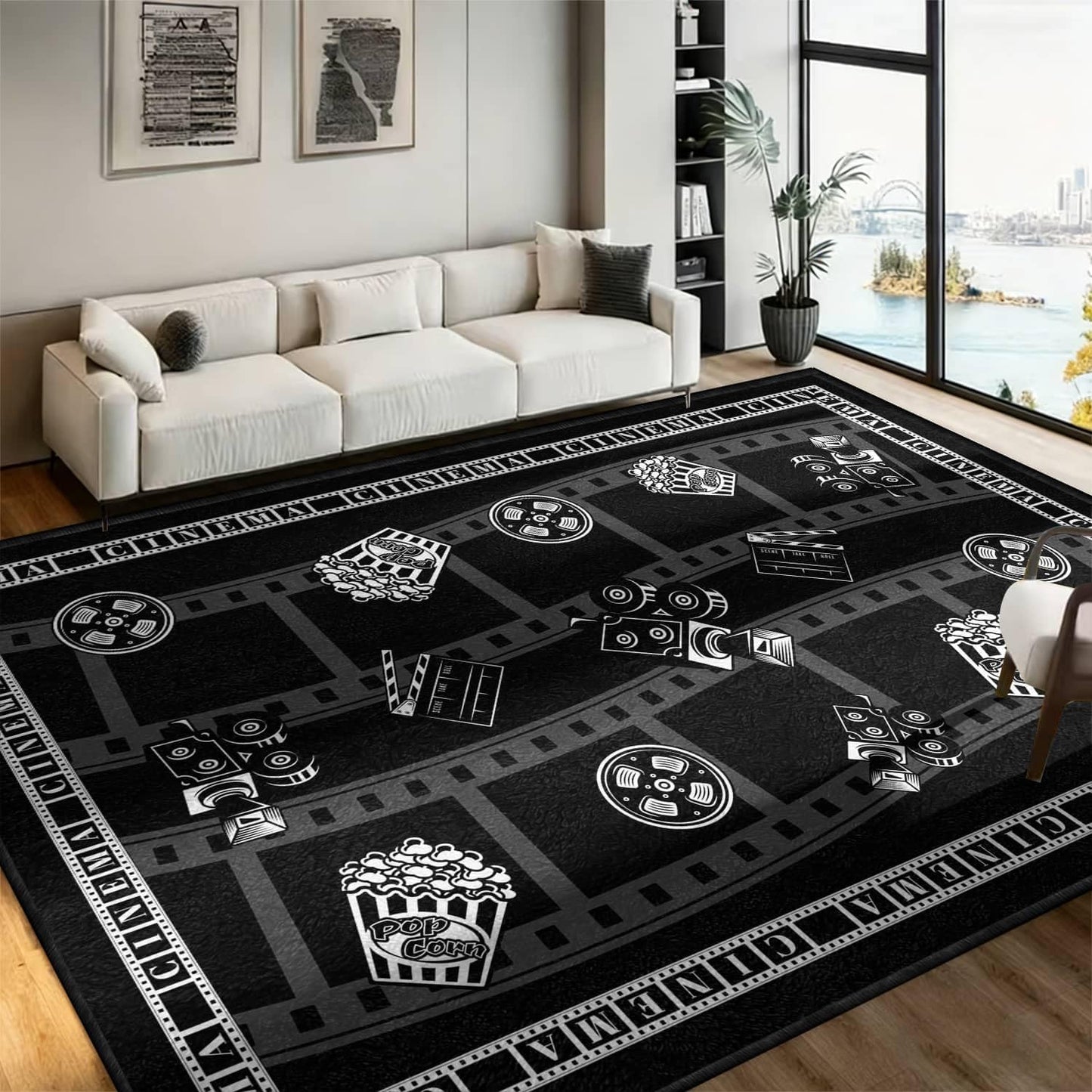 LGGLOVELIN Movie Night Theme Area Rug, 9x12ft, Black White Clapboard Projector Soft Washable Non-Slip Carpet for Home Theater Living Room