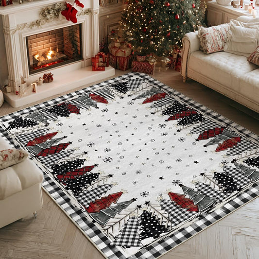 Artoid Mode Watercolor Buffalo Plaid Xmas Tree Merry Christmas Area Rug, Winter Home Decor Low-Profile Washable Area Rugs for Entryway Bedroom Living Room Laundry Room Indoor 5x7 Feet