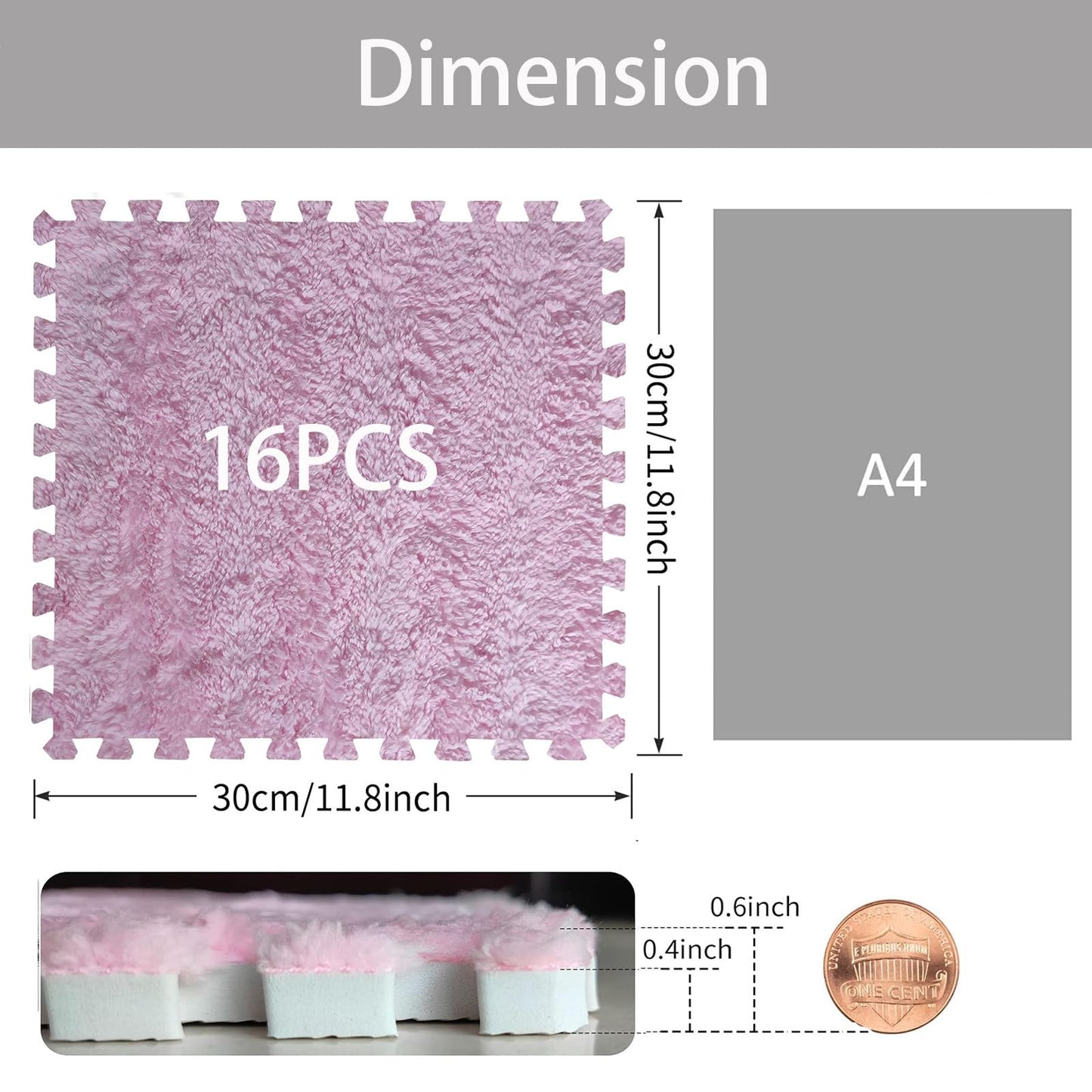 16 PCS Plush Interlocking Carpet Tiles, 0.6" Thick Soft Foam Floor Mat for Baby Crawling, Kids Playroom, Nursery, Bedroom, Living Room & Home Office, Non-Slip Puzzle Floor Tiles(11.8ft, Pink)