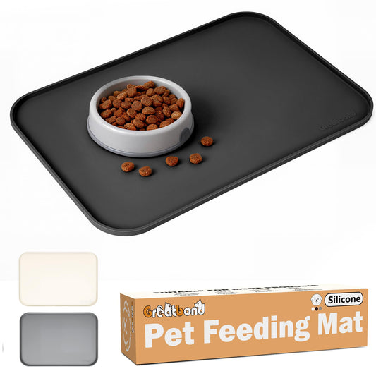 Greatbond 100% Waterproof Silicone Pet Feeding Mat,Warped Resistant Raised Edge BPA-Free Dog Cat Food Mats, Non-Slip Pet Placemat with High Lip to Prevent Spills, Dishwasher Safe, 21.5"x14" Black