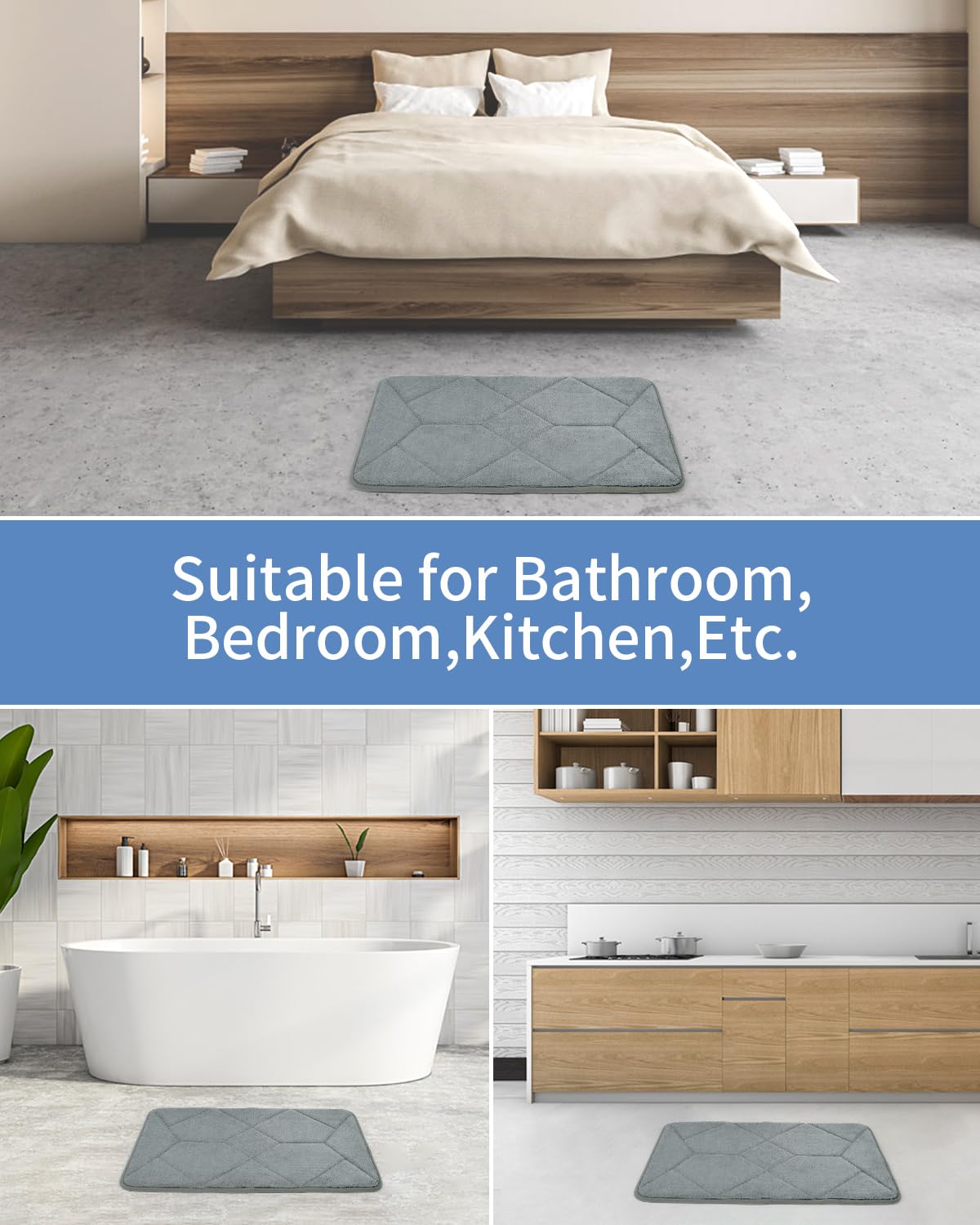 Cozary Memory Foam Bathroom Rugs, Super Soft Absorbent and Non-Slip Bath Mats for Shower Floor, Quick Dry Machine Washable Carpet Rug for Home Decor (36"×24",Grey)