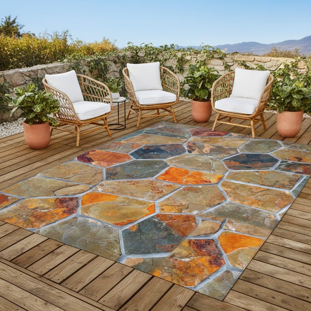 Vexyora Natural Rustic Stone Outdoor Area Rug 2x3 Brown Grey Orange Farmhouse Style Non Slip Thin Waterproof Art Deco Low Pile Floor Mats for Patio Deck Pool Garden Balcony Backyard RV Outside Rugs