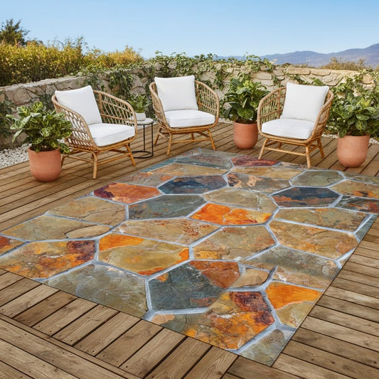 Vexyora Natural Rustic Stone Outdoor Area Rug 2x3 Brown Grey Orange Farmhouse Style Non Slip Thin Waterproof Art Deco Low Pile Floor Mats for Patio Deck Pool Garden Balcony Backyard RV Outside Rugs