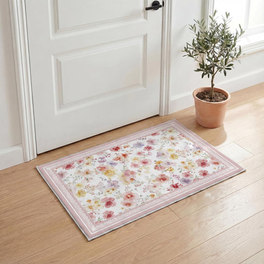 Artoid Mode Pink Watercolor Flower Spring Door Mat, Summer Home Decor Low-Profile Non-Slip Washable Throw Rug for Kitchen Entryway Front Door Bedroom Bathroom 2x3 Feet