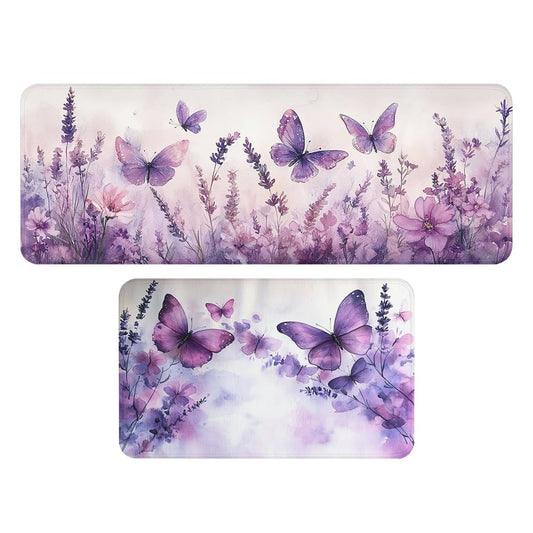 Butterfly Kitchen Decor Rugs Set of 2, Flower Purple Watercolor Lavender Kitchen Rugs and Mats Non Skid Washable Microfiber Runner Rugs Accessories Decoration Floor Mats 17x29 and 17x47 Inch