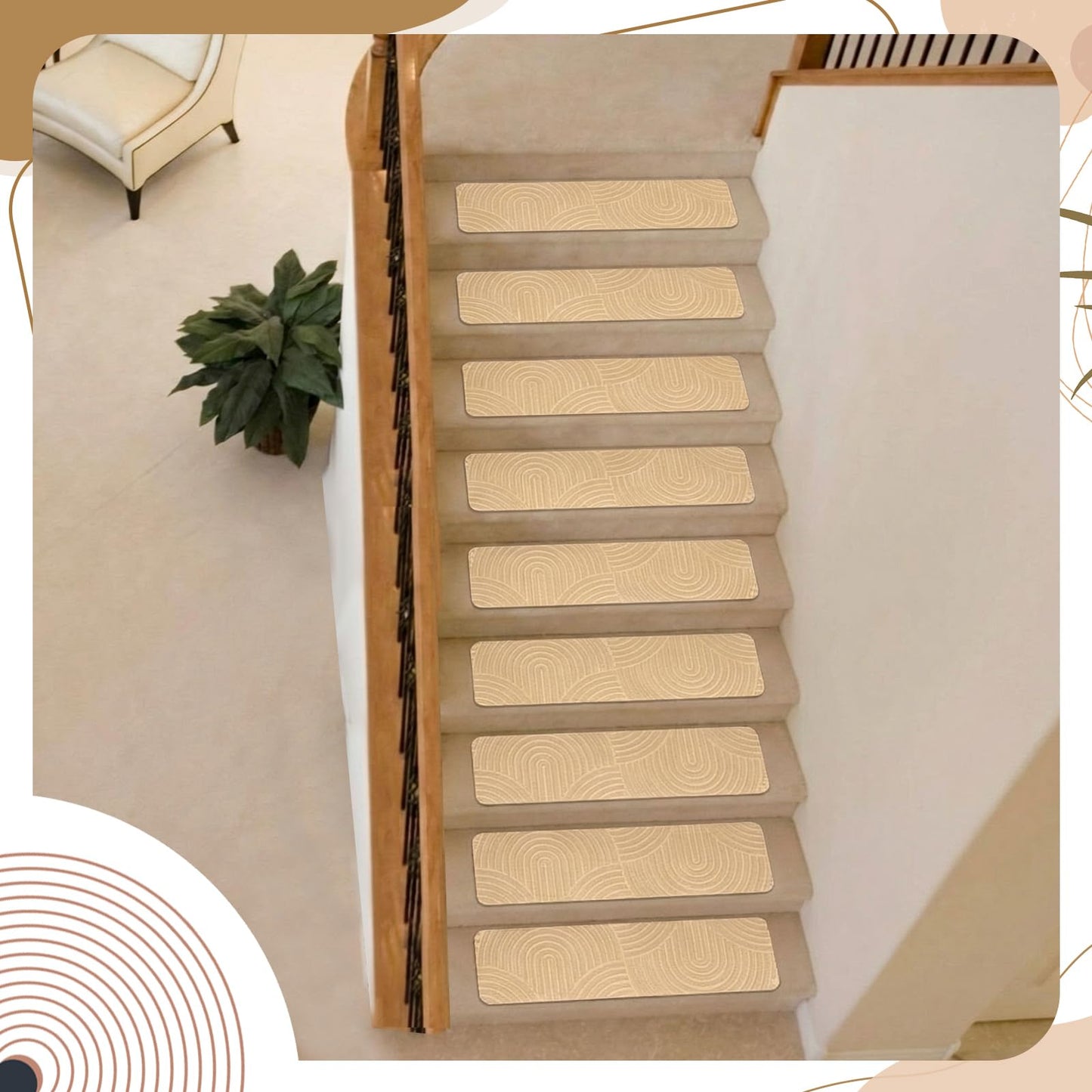 Dunzy 15 Pcs Boho Stair Treads for Wooden Steps Indoor 8" x 30" Non-Slip Carpet Stair Treads, Washable Adhesive Runner Rugs, 3D Peel and Stick, for Elders and Dogs, Pets, Khaki