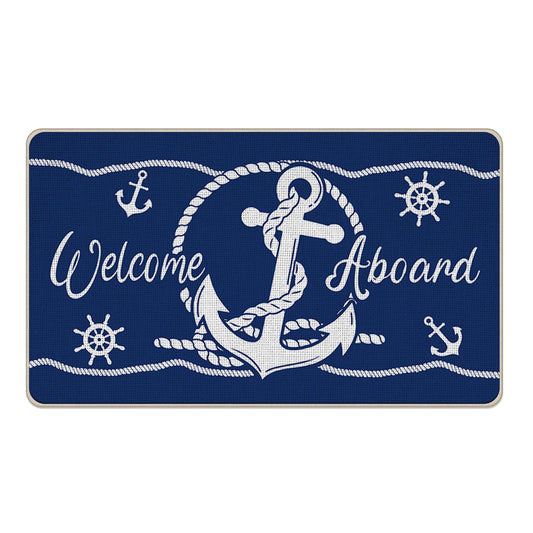 Livcoz Nautical Anchor Welcome Aboard Front Door Mat, Navy Blue Coastal Beach Decorative Doormat Non-Slip Floor Entryway Rug, Rope Low Profile Indoor Outdoor Home Kitchen Decoration 17x29 Inches
