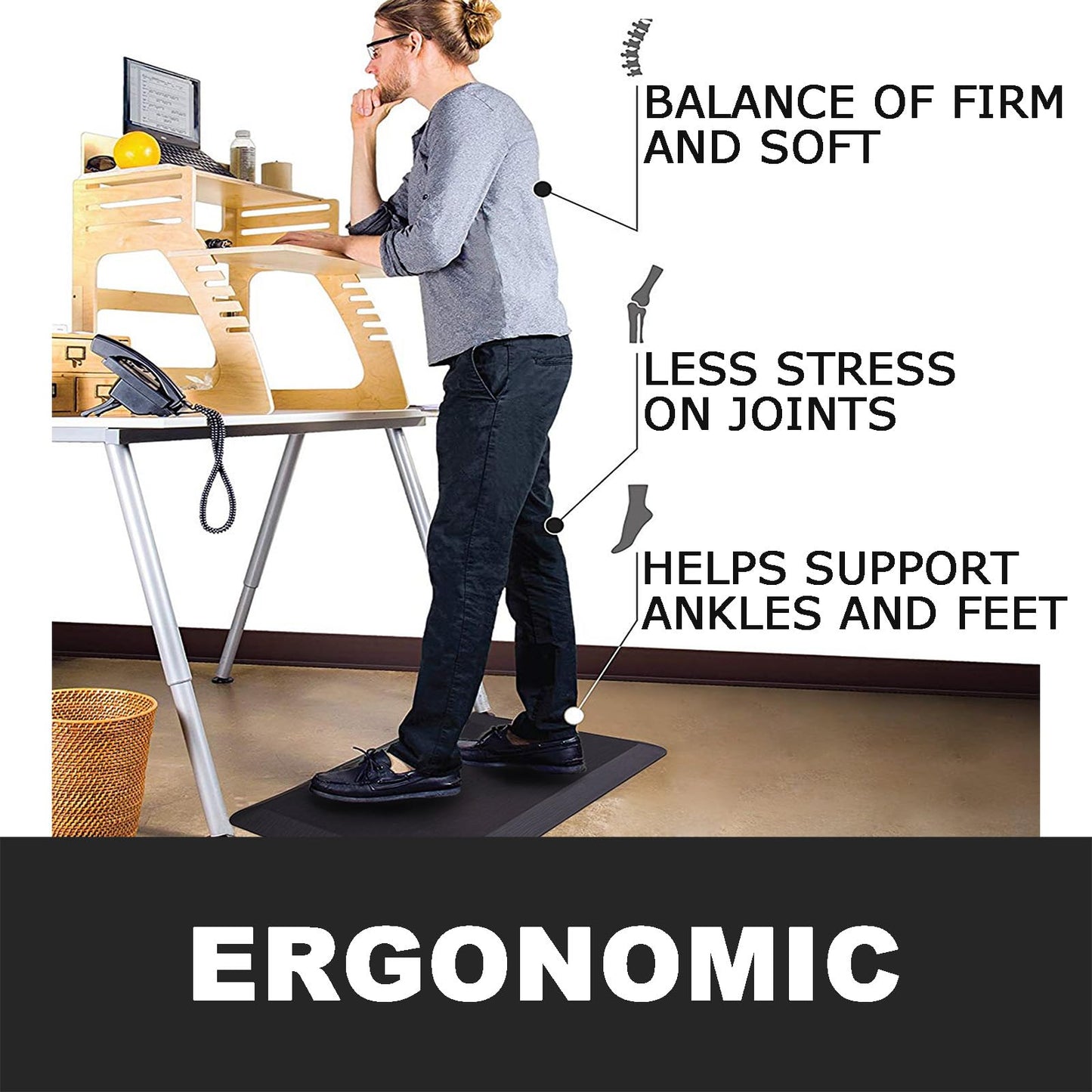 Kitchen Mats for Floor, 0.8 inch Thick, 17"x30" Anti Fatigue Cushioned Mat, Kitchen Rugs, Waterproof, Comfort Ergonomic Standing Mat for Office, Home, Sink, Black