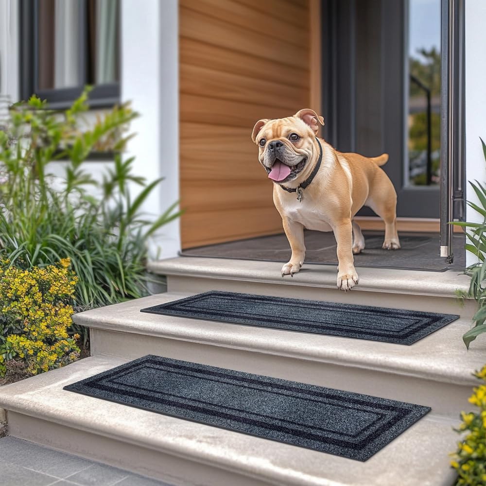 Aucuda 6pcs 8.5" x 30" Stair Treads Outdoor for Elders and Dogs on Wooden Steps Spring, Non Slip Stair Runner Rug Heat Insulation Rubber Backing, Frame Staircase Mat Carpet for Indoor Grip Farmhouse.