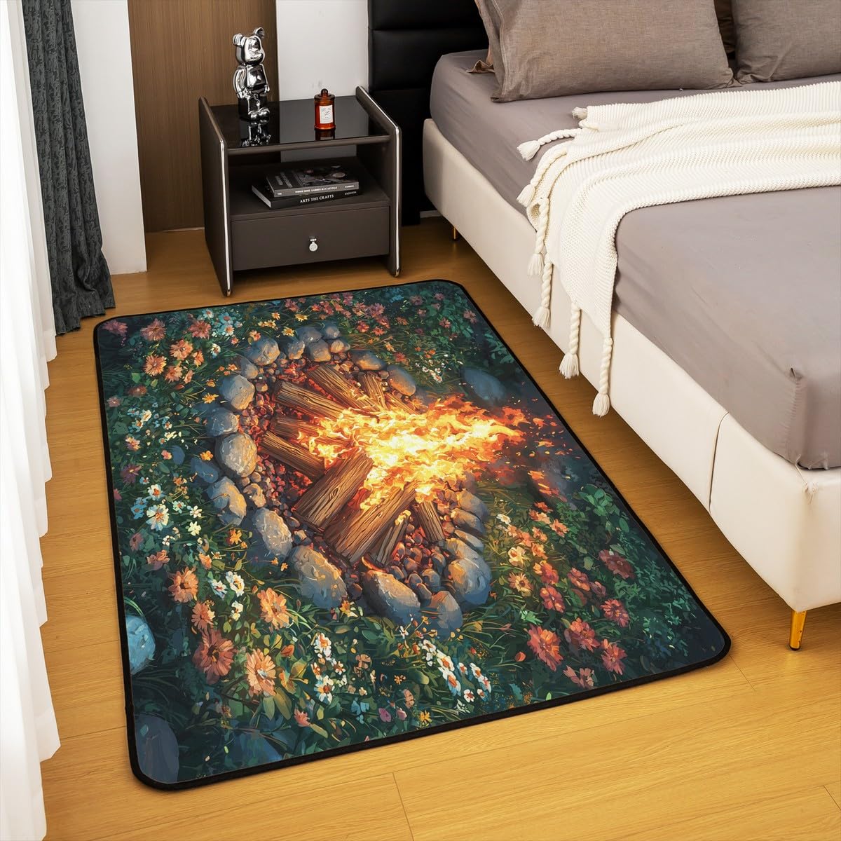 Campfire Decorative Rug 5x6'6'',Happy Camping Indoor Floor Mat for Playroom Bedside Sofa Bedroom,Tree Stump Woodland Campsite Non Shedding Carpet for Outdoor Adventure RV Car
