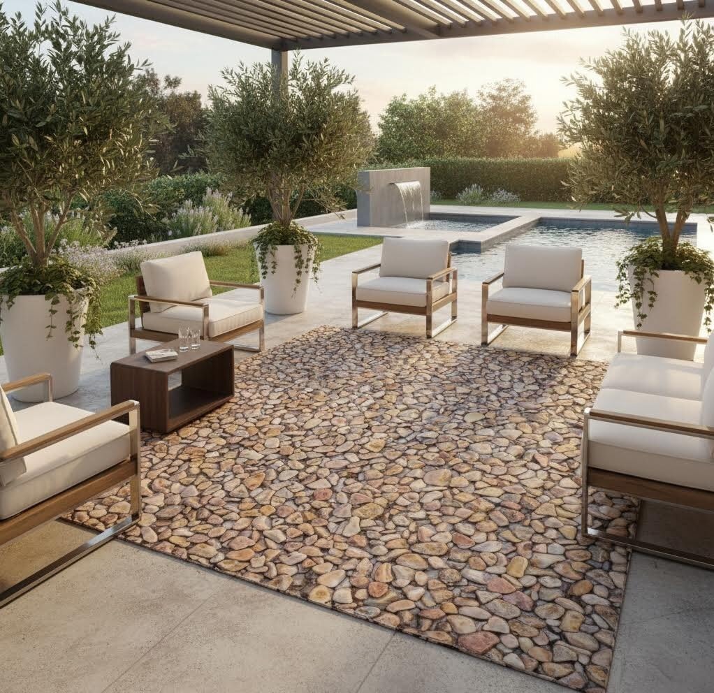 Coastal Beach Pebble Pattern Outdoor Rug 2x6 Washable Reversible Waterproof Thin Easy Clean Durable Beige Brown Outside Carpet for RV Camping Poolside Deck Balcony Garden Low Pile Floor Mat