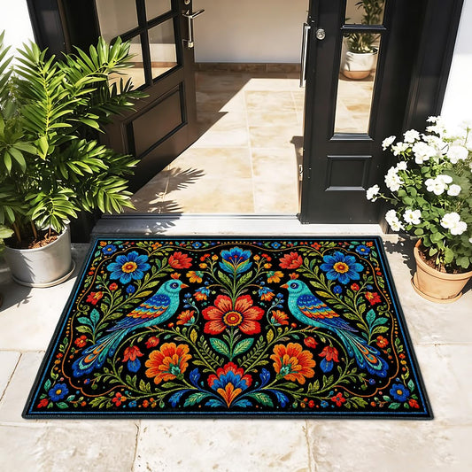 Needa One Welcome Mat Outdoor Indoor 17 x 29 Inch Folk Floral Bird Door Mat Non Slip Low Profile Doormat for Front Door Porch Patio Entryway Decor