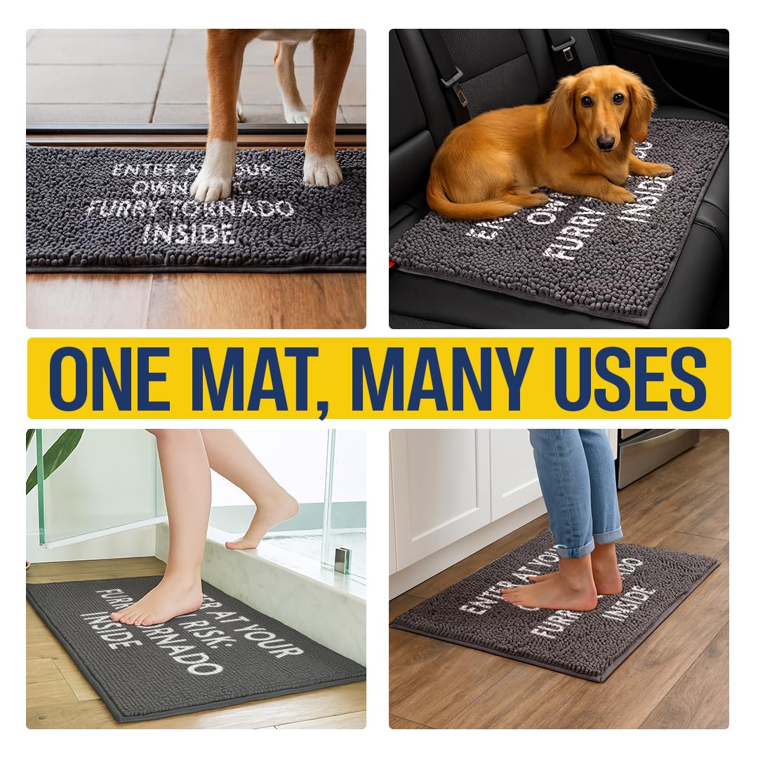 Muddy Mat® Absorbent Microfiber Door Mat and Pet Rug, Non Slip Washable Chenille Indoor Outdoor Rug - Enter at Your Own Risk Furry Tornado Inside Funny Pet Welcome Mat 19"x30"