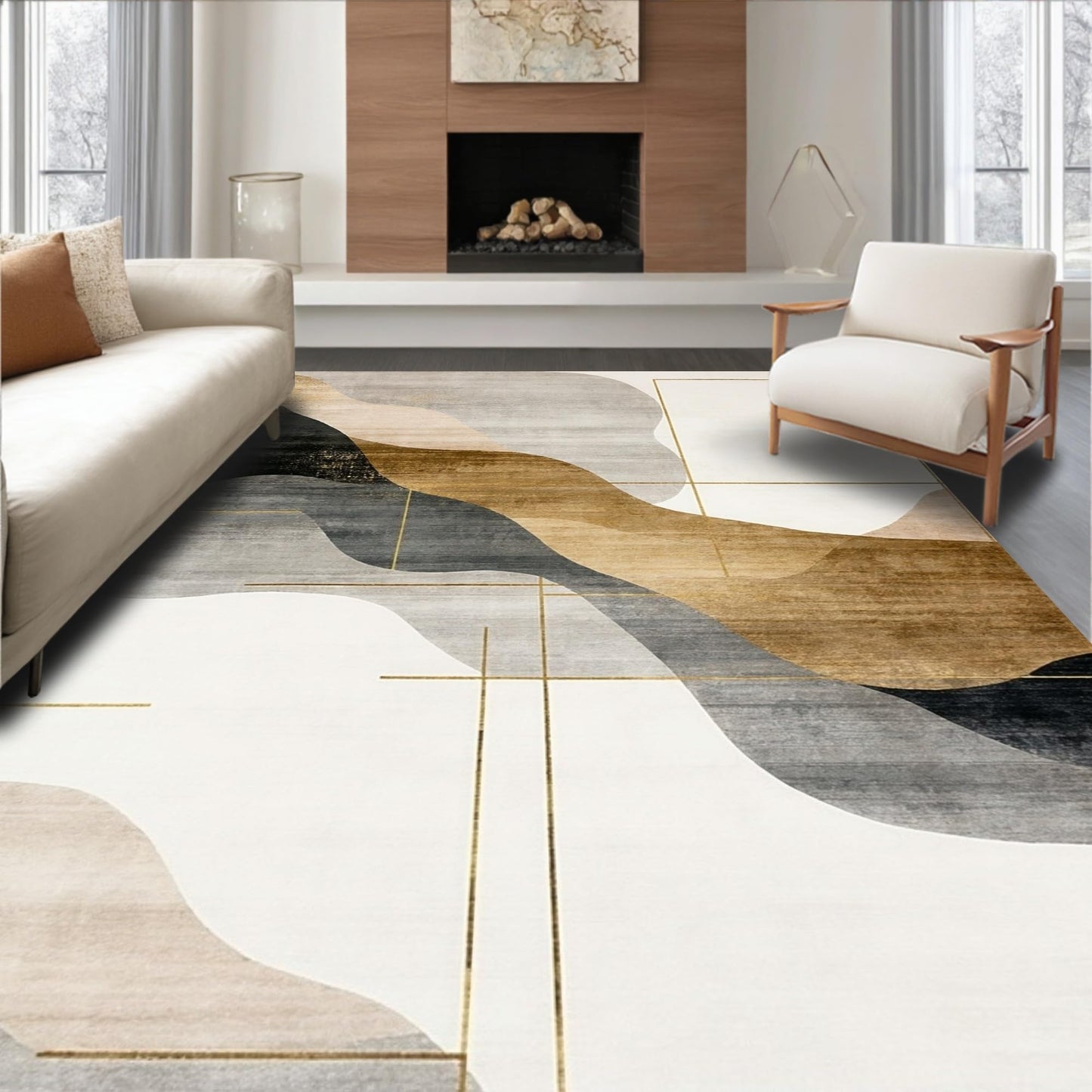 ODIKA Flatwoven High Traffic Area Rug 5x7, Elegant Abstract with Neutral Earth Tones & Modern Accent, Non Slip, Stain Resistant, Washable Area Rugs for Living Room, Bedroom (Beige, 5x7)