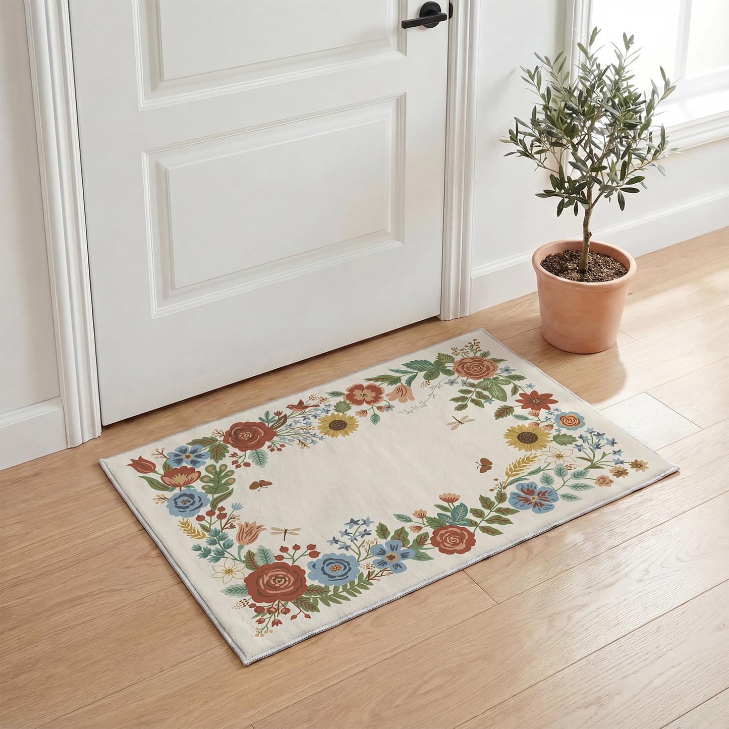 Artoid Mode Beige Sunflower Floral Spring Door Mat, Summer Home Decor Low-Profile Non-Slip Washable Throw Rug for Kitchen Entryway Front Door Bedroom Bathroom 2x3 Feet