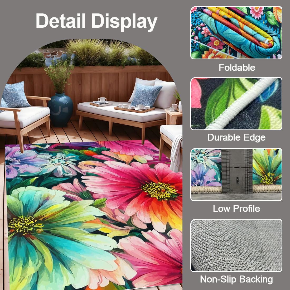 Vibrant Floral Yellow Green Outdoor Rug Modern Contempporary Art Deco Washable Area Rug for Patio Porch Deck Balcony Waterproof Durable Backyard Carpet Cute Garden Large Rugs 2x3