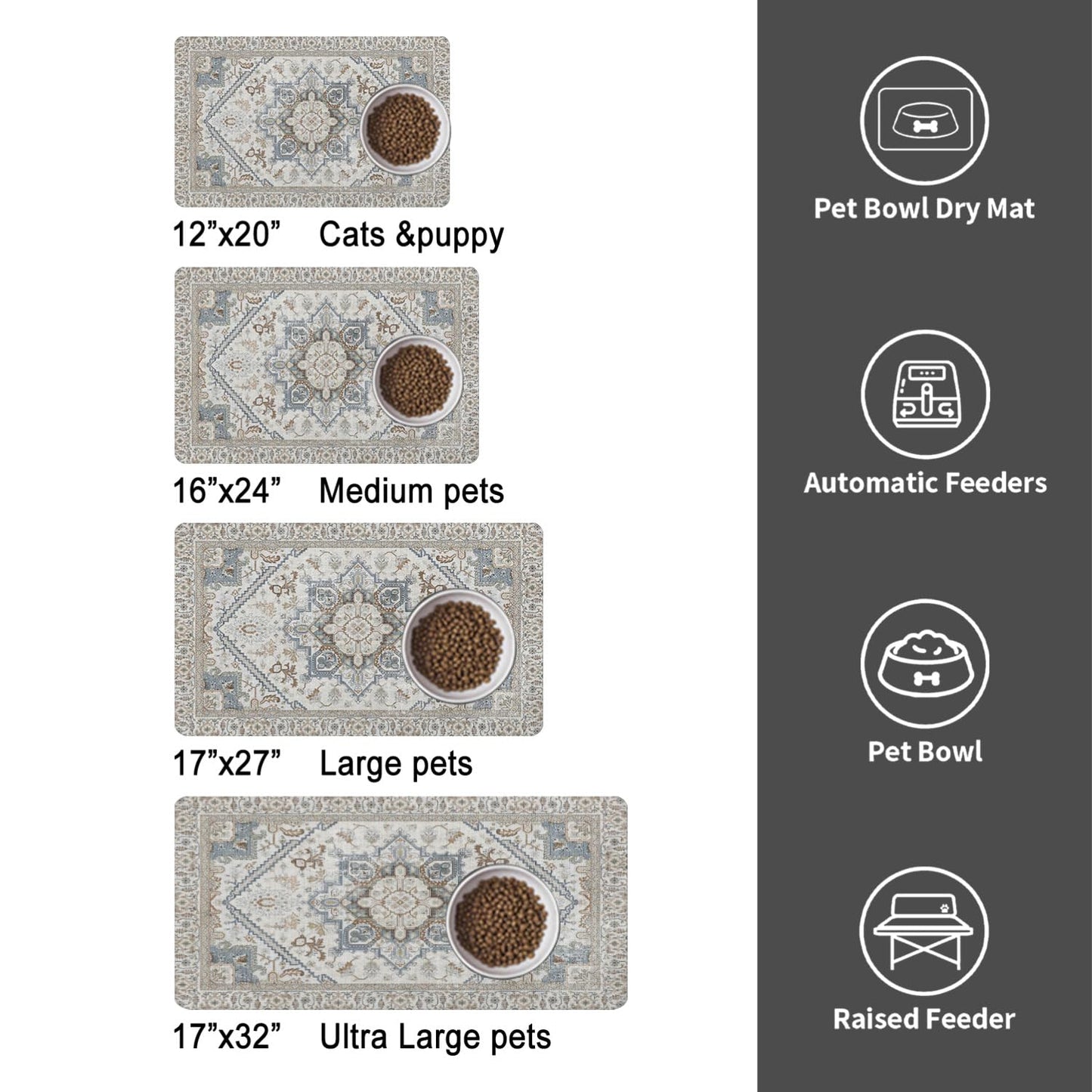 Dog Food Mats for Floors, Absorbent and Quick-Drying Pet Cat Food Mat,Anti-Fouling and Easy-to-Clean Pet Feeding Mat,Dog Bowl Mat for Messy Drinking Water Bowls.12 x20, Bohemia Style