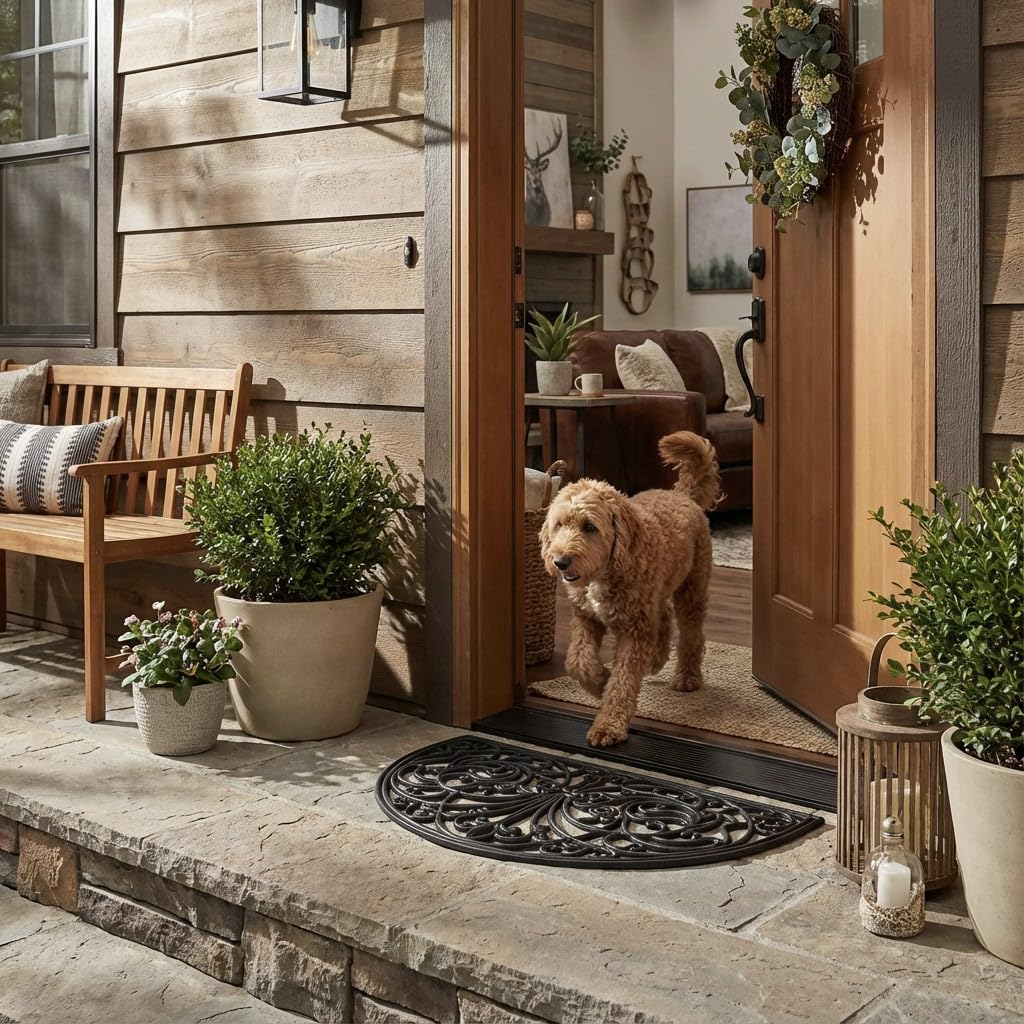 Kempf Rubber Scroll Doormat Half Moon Mat, Indoor Outdoor Entrance Mat, Low Clearance, Functional and Easy to Clean, Wrought Iron Scroll Design
