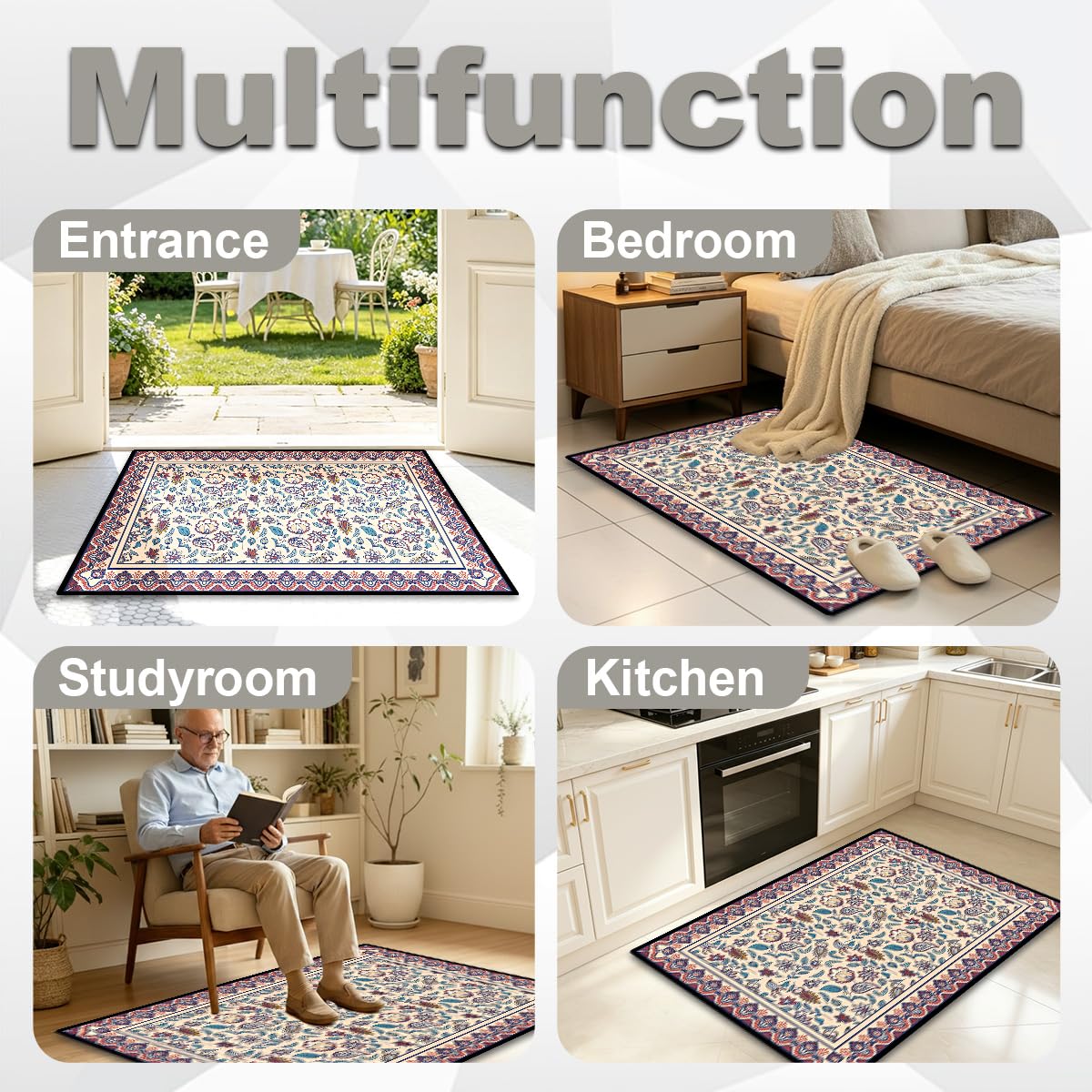 Washable Corridor Runner Rug, Non-Slip Hallway Rug with Upgrade Rubber Backing, Stain Resistant Faux Wool Distressed Carpet for Bedroom Kitchen Laundry Corridor Balcony (Leaf, 35.4" x 23.6")