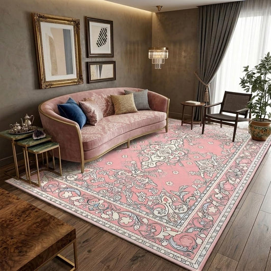 AQQA Vintage Area Rug - 5x7 Blush Pink & Blue Oriental Floral Medallion Rug - Faded Distressed Style, Low-Pile & Non-Shedding for Living Room, Bedroom, Dining Room Decor