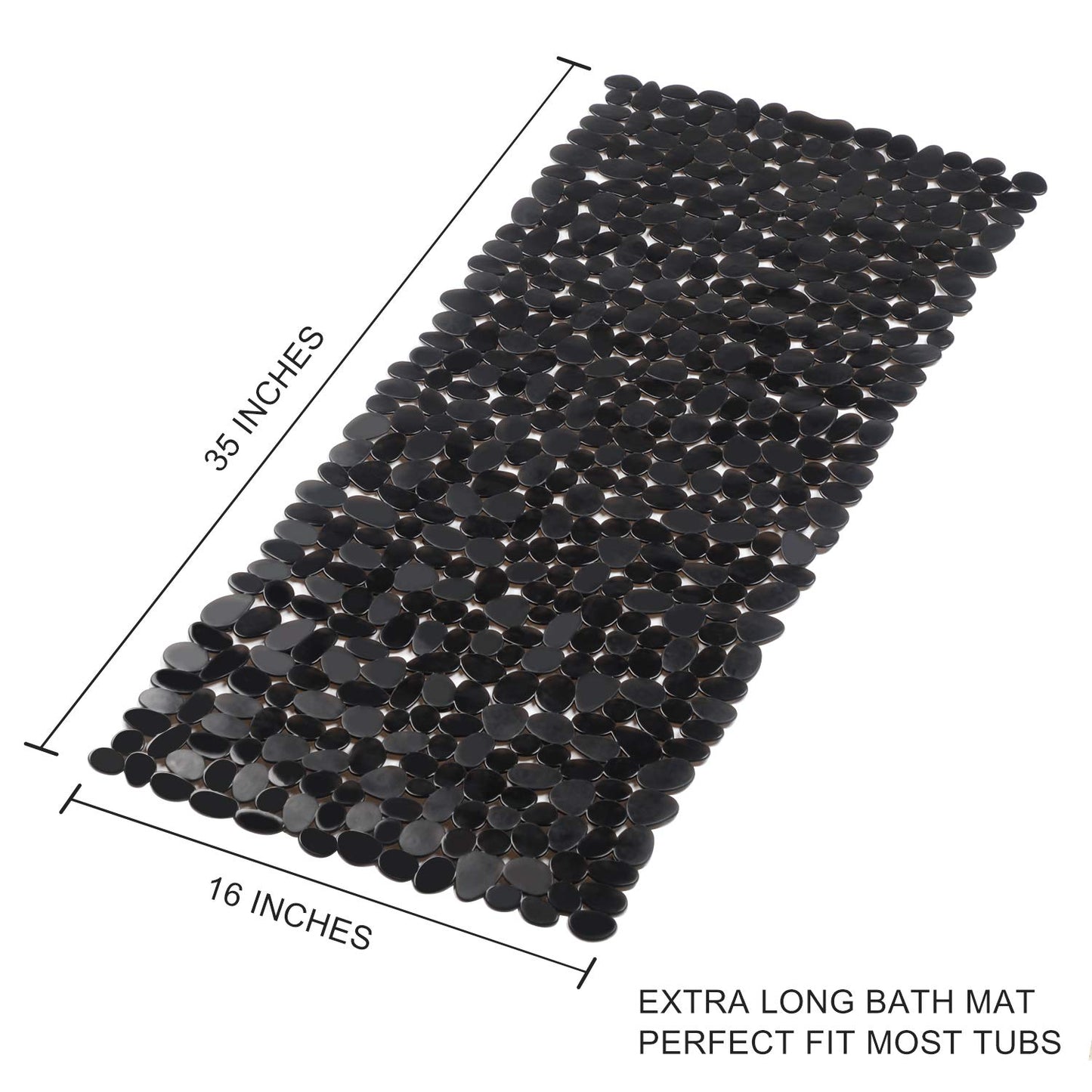WELTRXE Non Slip Bathtub Mat 35 x 16 Inches Pebbles Shower Mats with Suction Cups, Drain Holes for Bathroom Showers, Tub, Machine Washable Bathroom Mats BPA, Latex Free Safe Tub Mats - Black